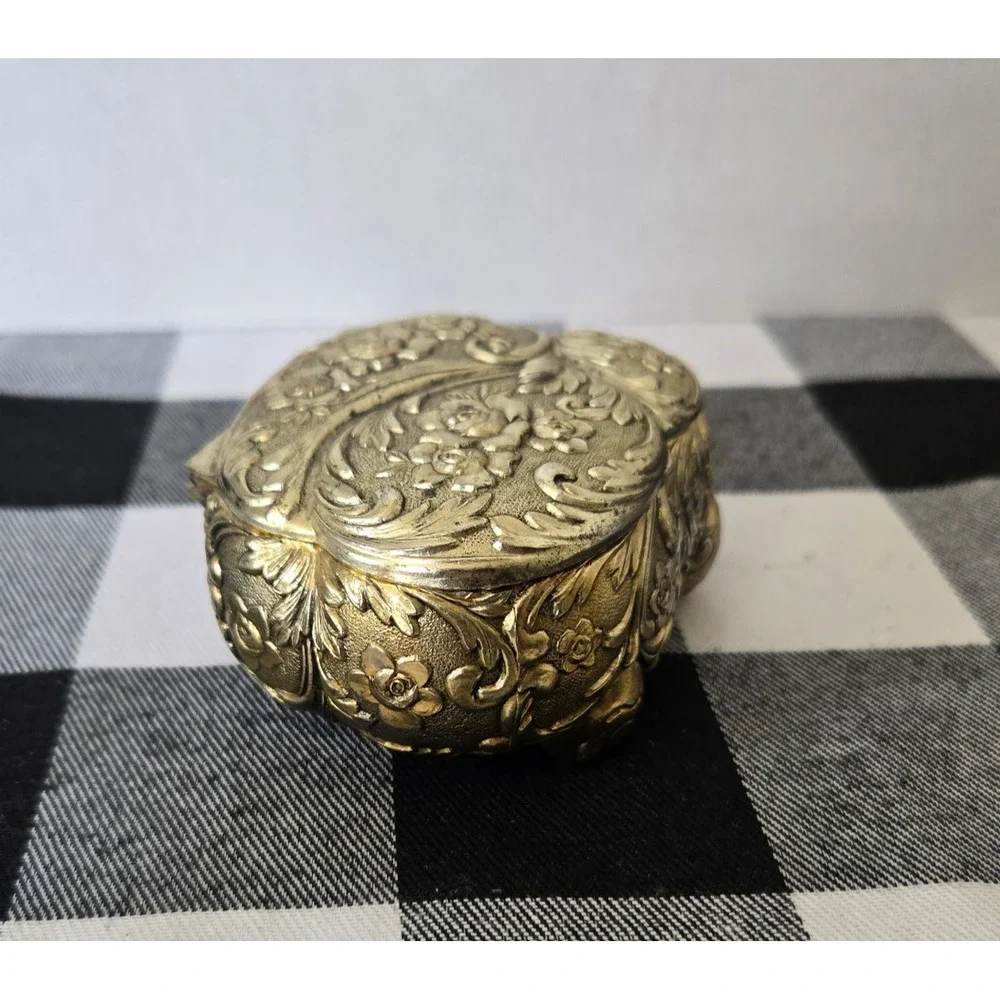 Silver Tone Hinged Trinket Jewelry Box Red Felt Lined Rose Pattern Made in Japan